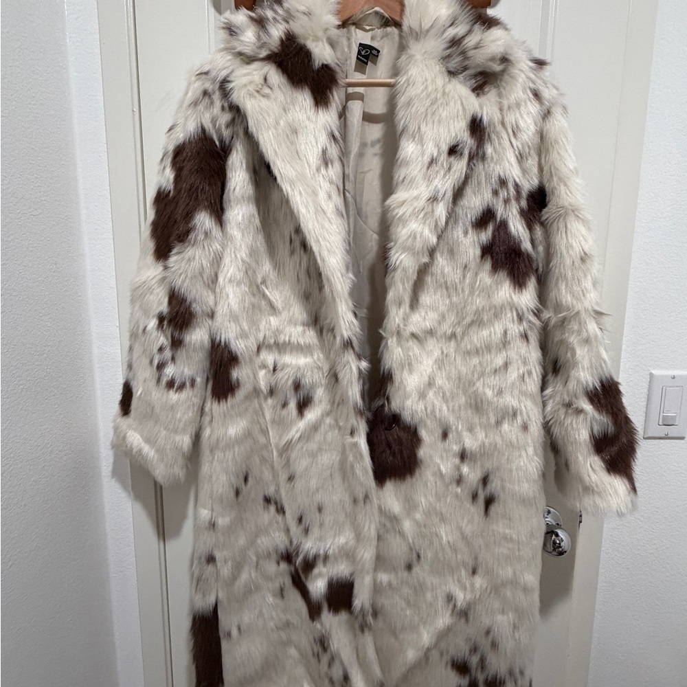 Ivory and Dark Brown Faux Fur faux cowhide Long Coat - Picture 3 of 5